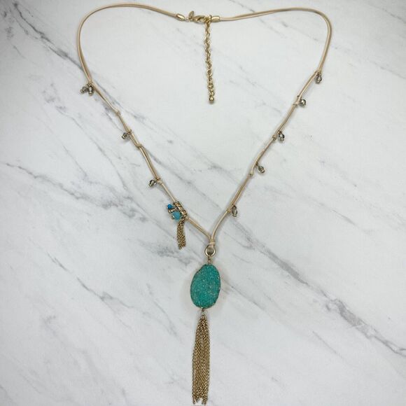 Chico's Gold Beaded Cord Turquoise Druzy Tassel Necklace ✨ - Picture 14 of 14